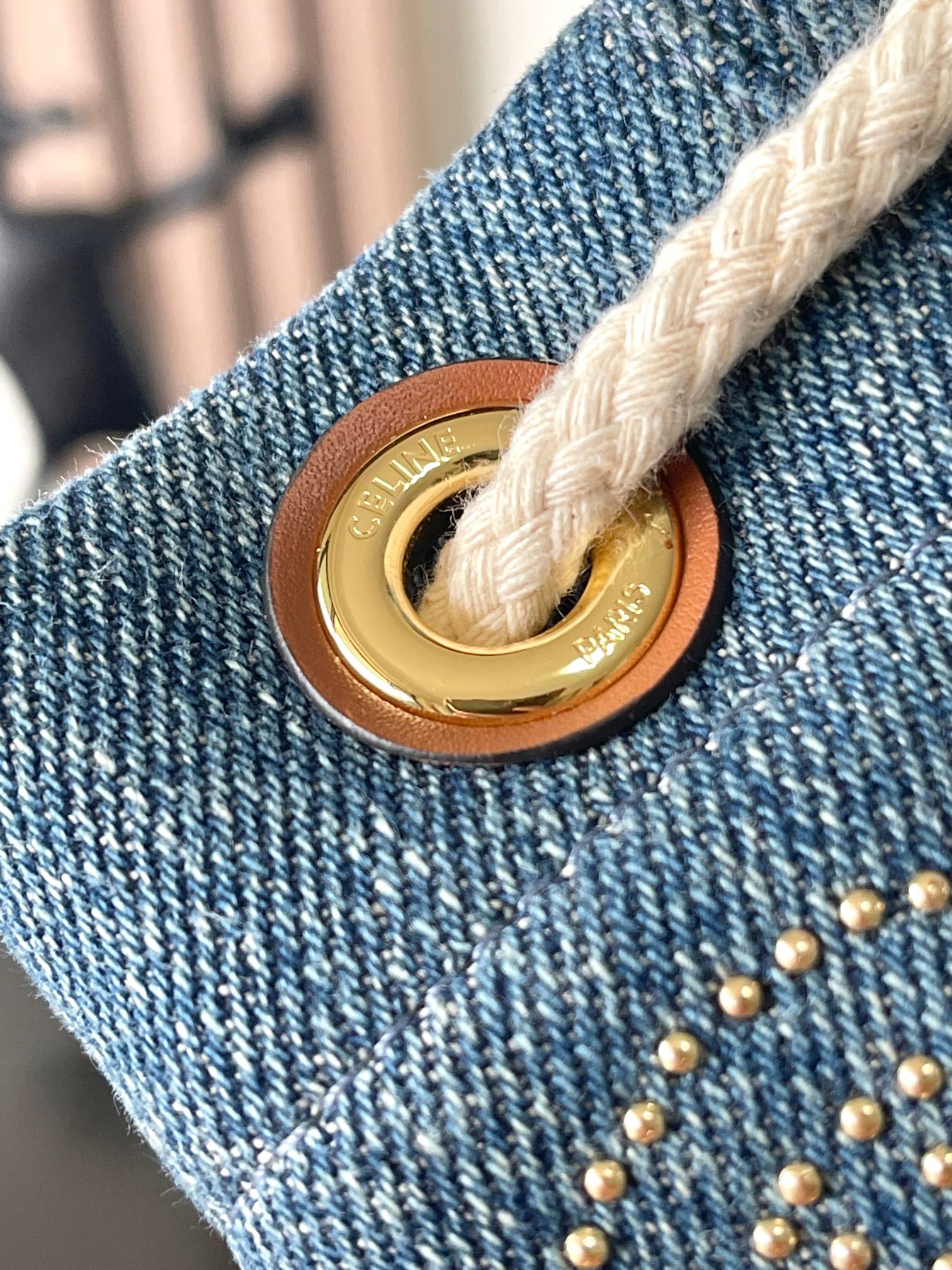 [TOP] CELINE Riveted Denim Fabric Cow Leather Drawstring Bag 15 *19 *15cm - Blue