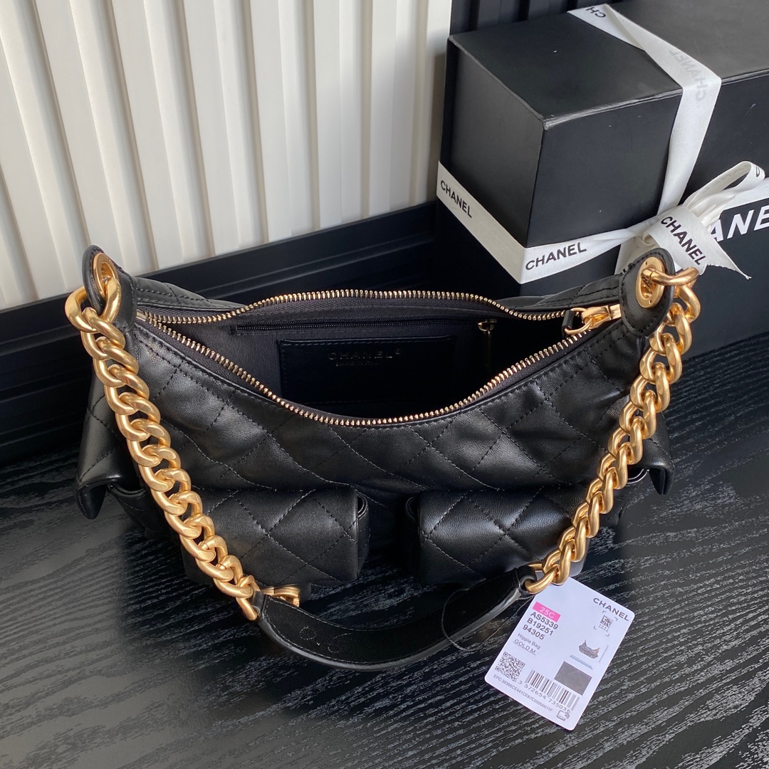 [TOP] CHANEL Hobo Bag 22x31x15cm/27x35x18cm - Black