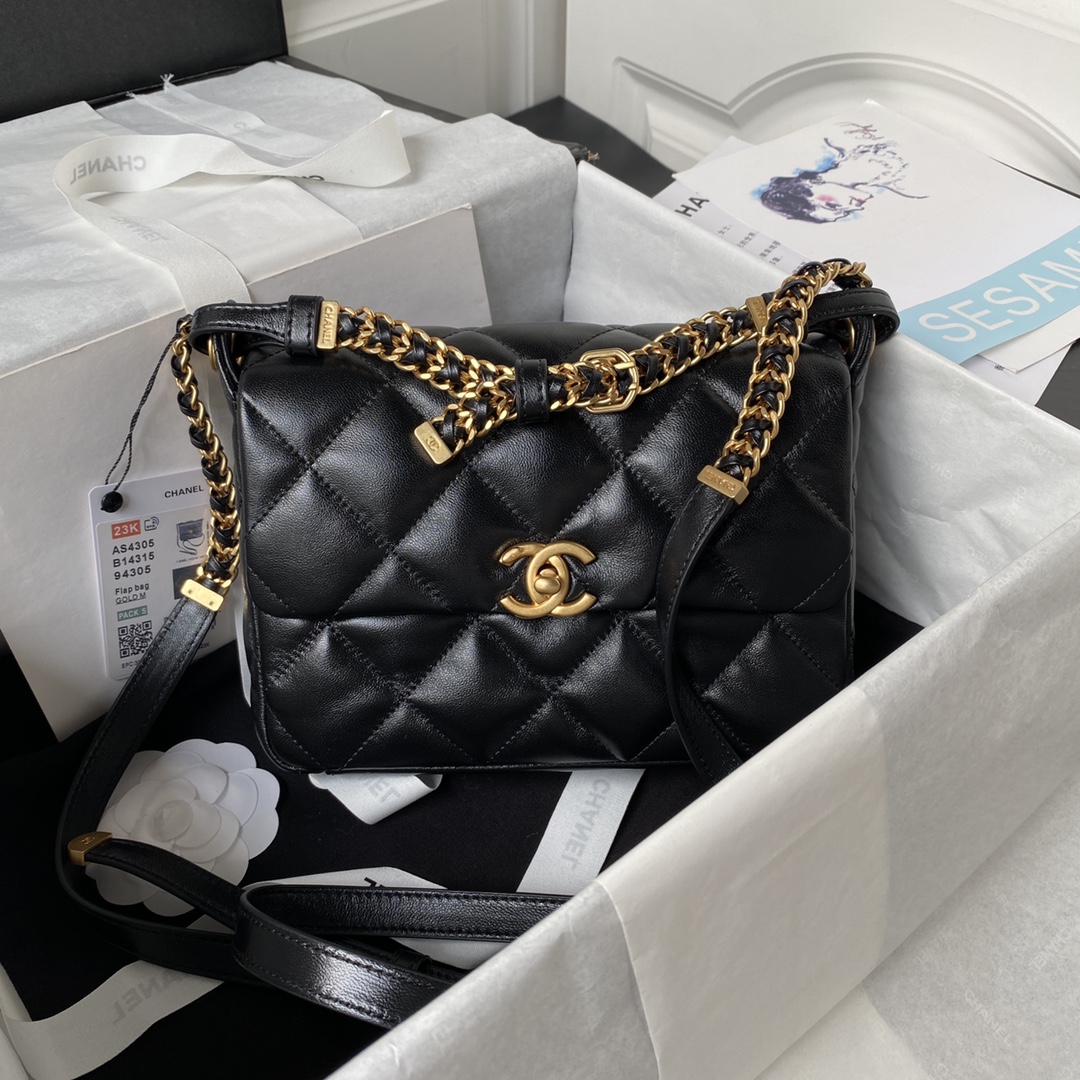 [TOP] CHANEL Lambskin Bag 21×12.5×5cm - Black