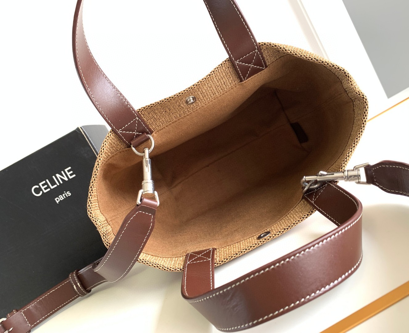 [TOP] CELINE Striped Woven Fabric Cow Leather Cabas Tote Bag 23x19x11cm - Brown