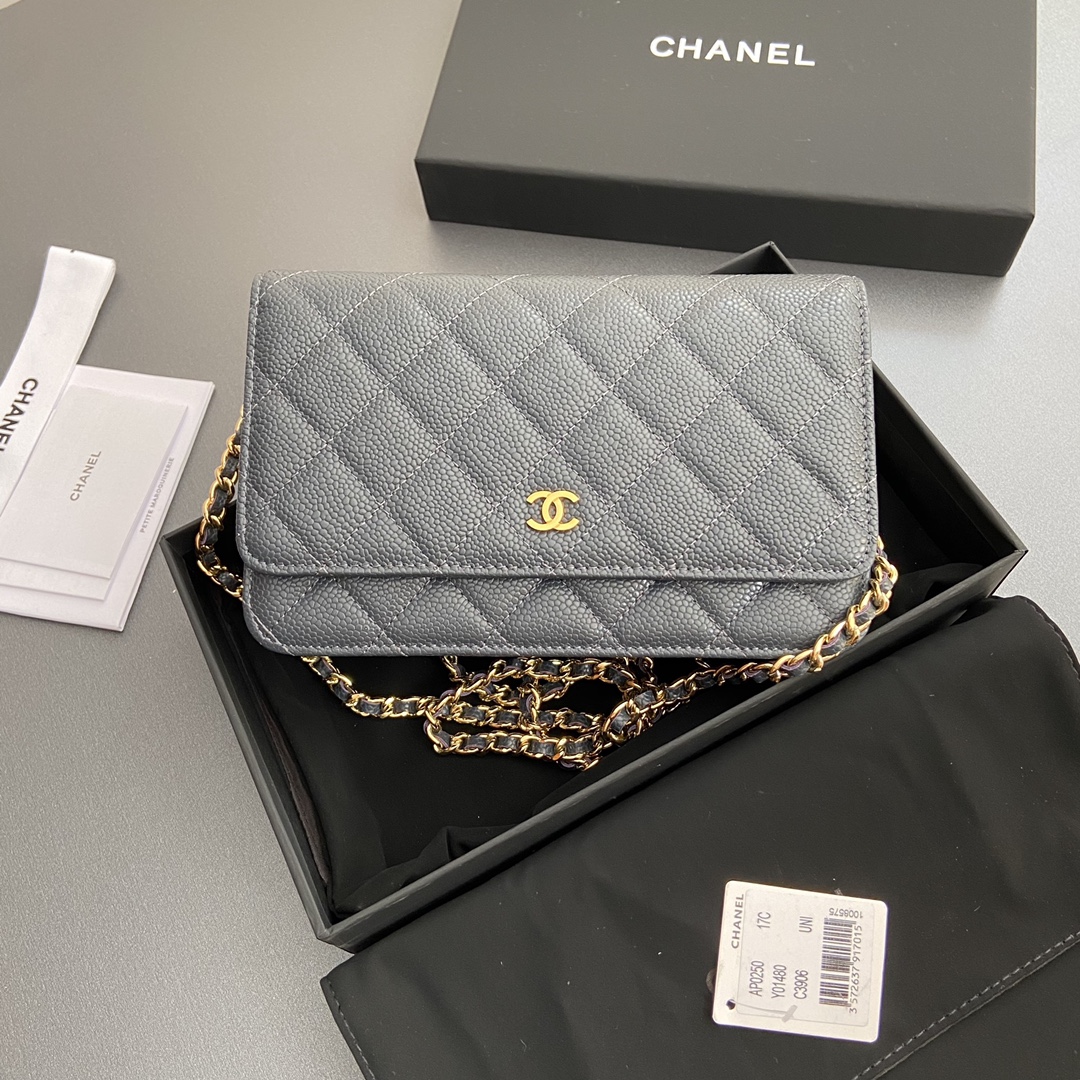 [TOP] CHANEL WOC Grain Cowhide Flap Bag 20×13×3.5cm - Gray & GHW