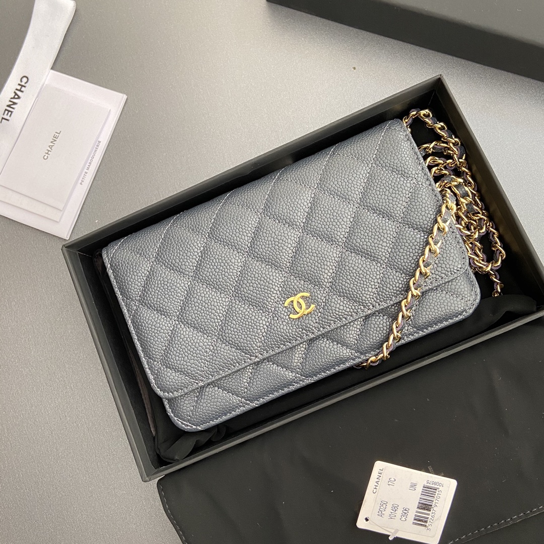 [TOP] CHANEL WOC Grain Cowhide Flap Bag 20×13×3.5cm - Gray & GHW