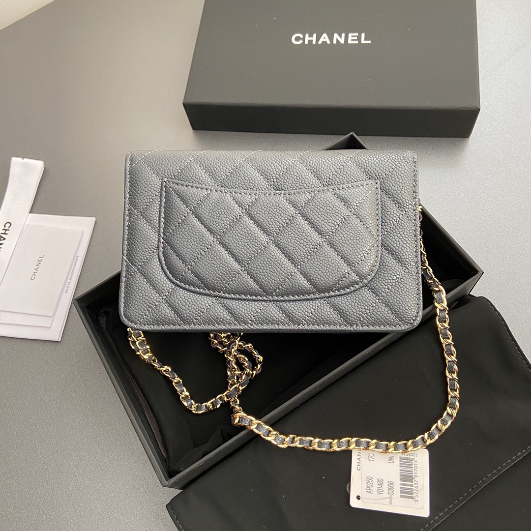[TOP] CHANEL WOC Grain Cowhide Flap Bag 20×13×3.5cm - Gray & GHW