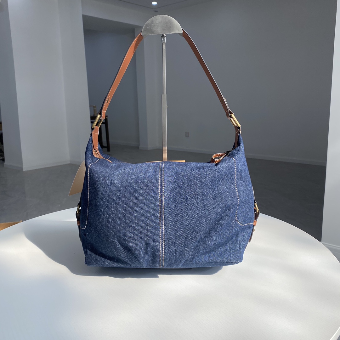 [TOP] BURBERRY Denim Shopping Bag 28×26×13cm -Blue