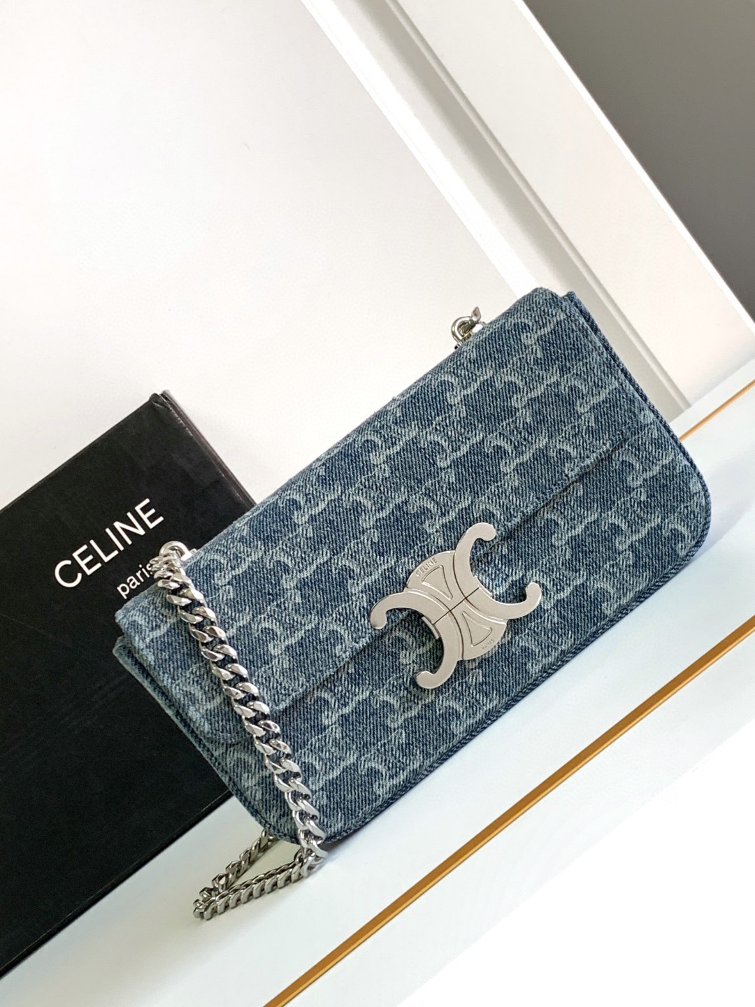 [TOP] CELINE Triomphe Bag Denim Chain Bag 20.5*10.5*4cm - Blue