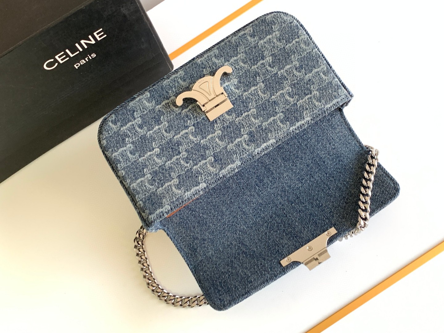[TOP] CELINE Triomphe Bag Denim Chain Bag 20.5*10.5*4cm - Blue