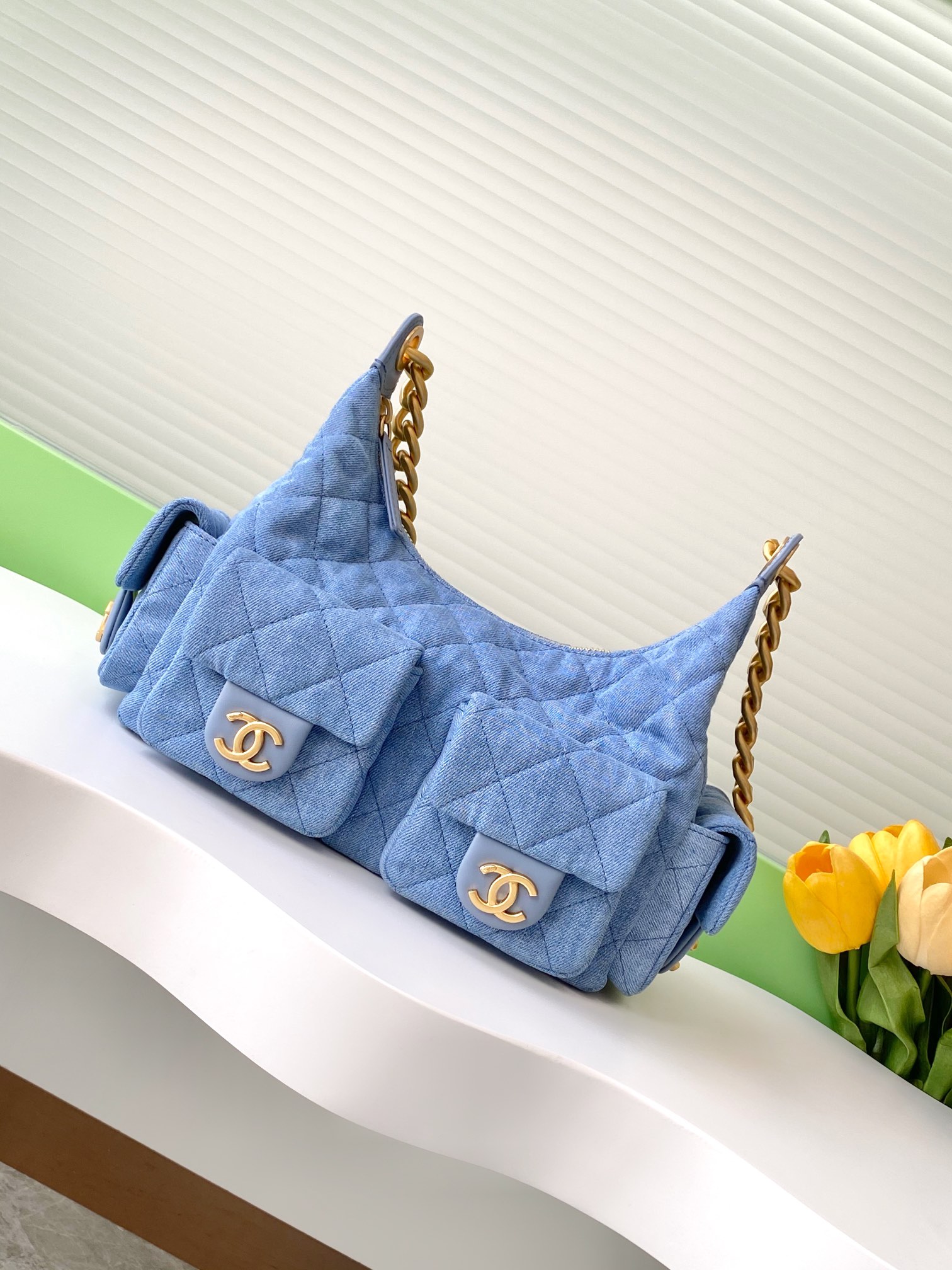 [TOP] CHANEL Hobo Bag Lambskin/Denim 22x31x15cm/27x35x18cm - Denim Blue