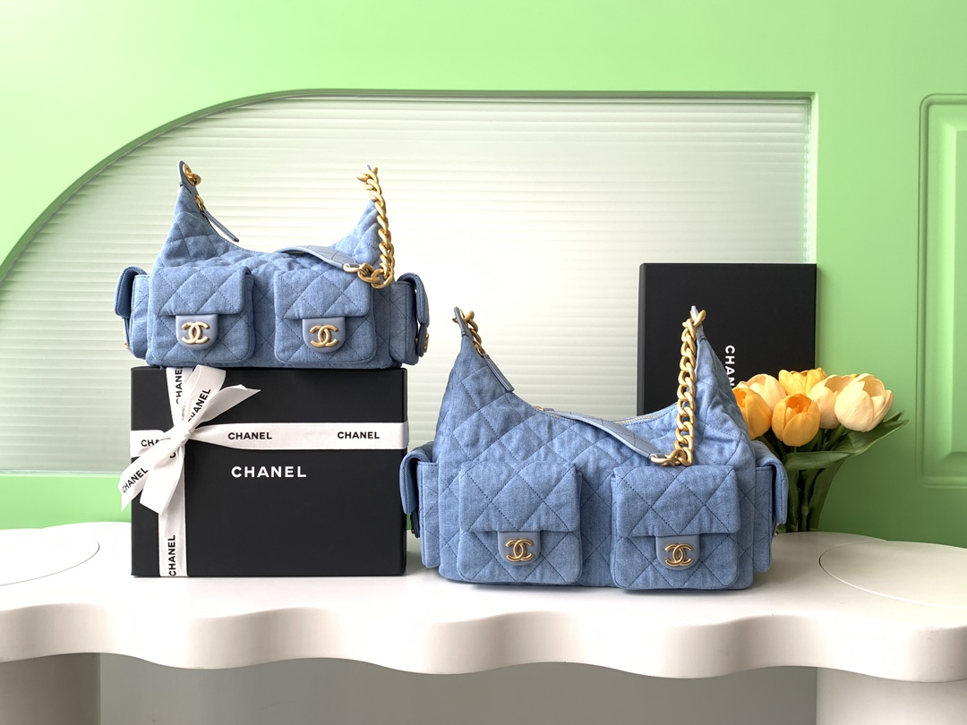 [TOP] CHANEL Hobo Bag Lambskin/Denim 22x31x15cm/27x35x18cm - Denim Blue