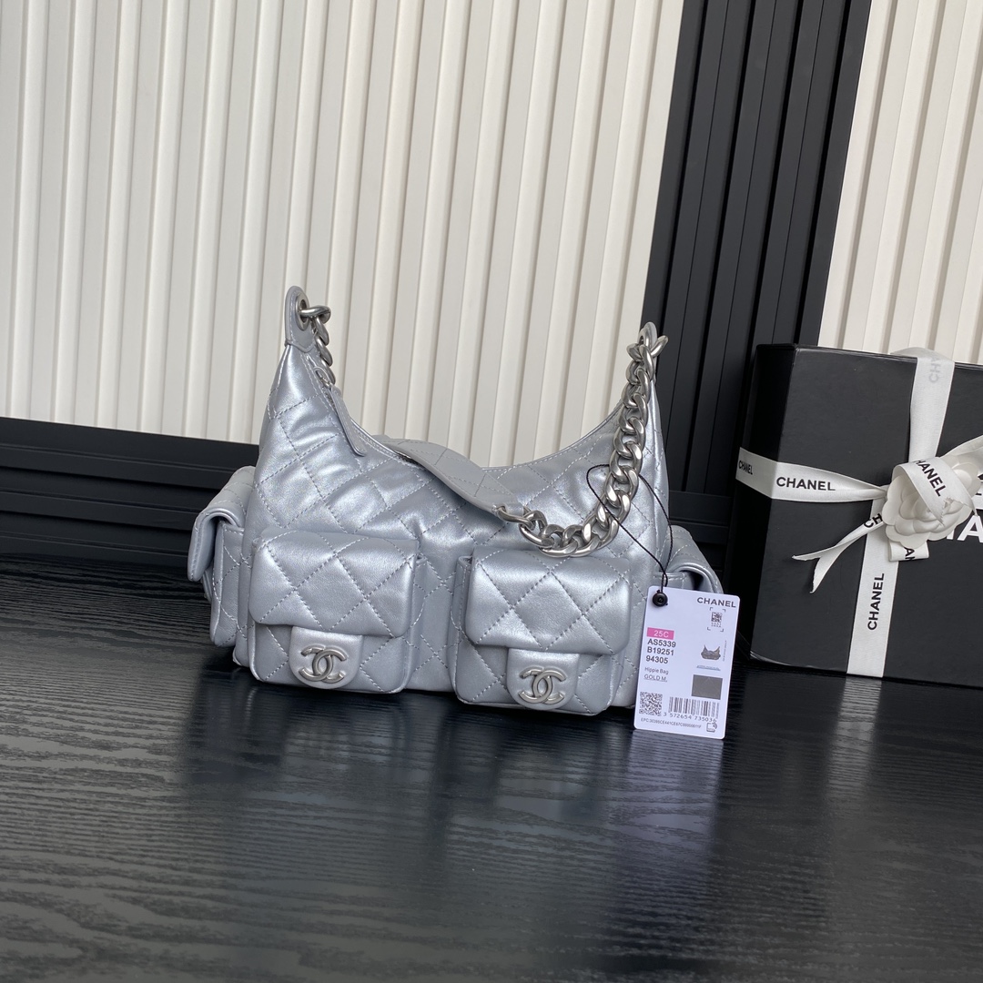 [TOP] CHANEL Hobo Bag 22x31x15cm - Silver