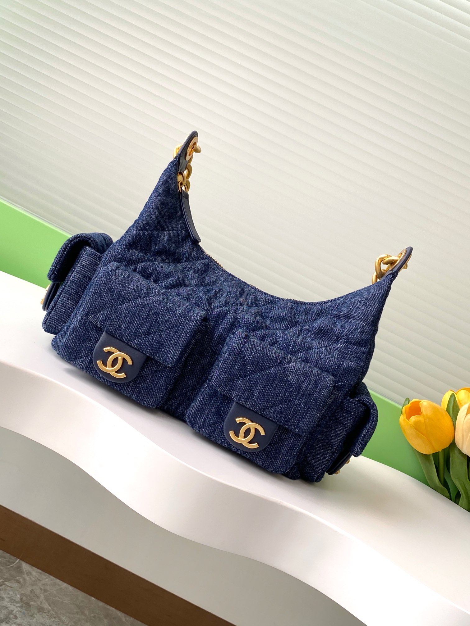 [TOP] CHANEL Hobo Bag Lambskin/Denim 22x31x15cm/27x35x18cm - Denim Blue