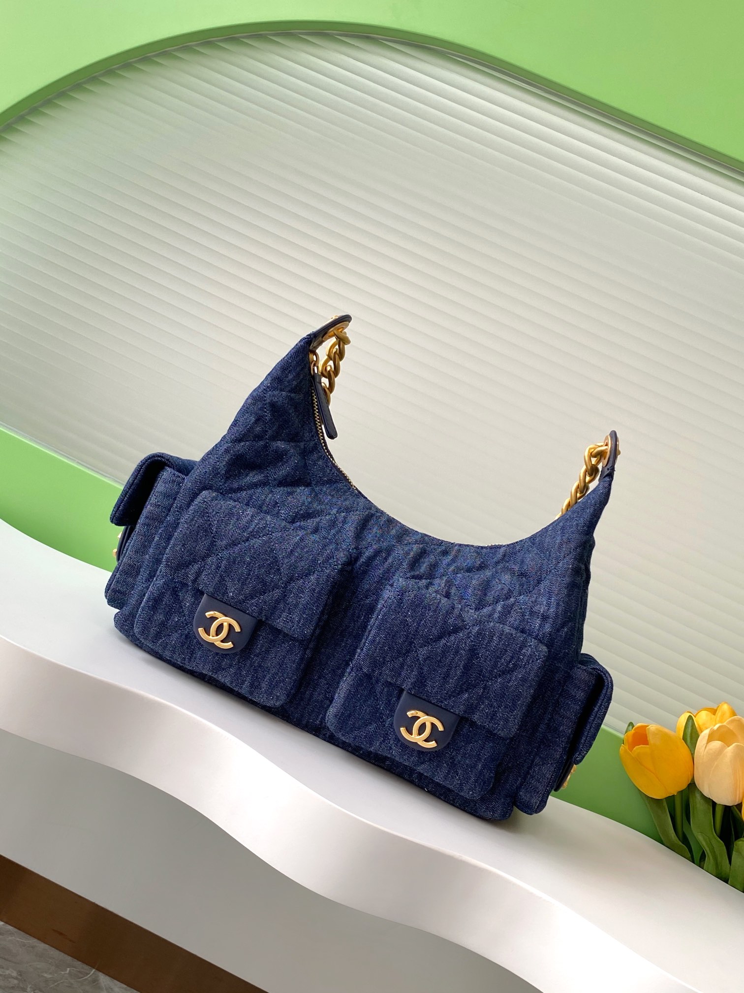 [TOP] CHANEL Hobo Bag Lambskin/Denim 22x31x15cm/27x35x18cm - Denim Blue
