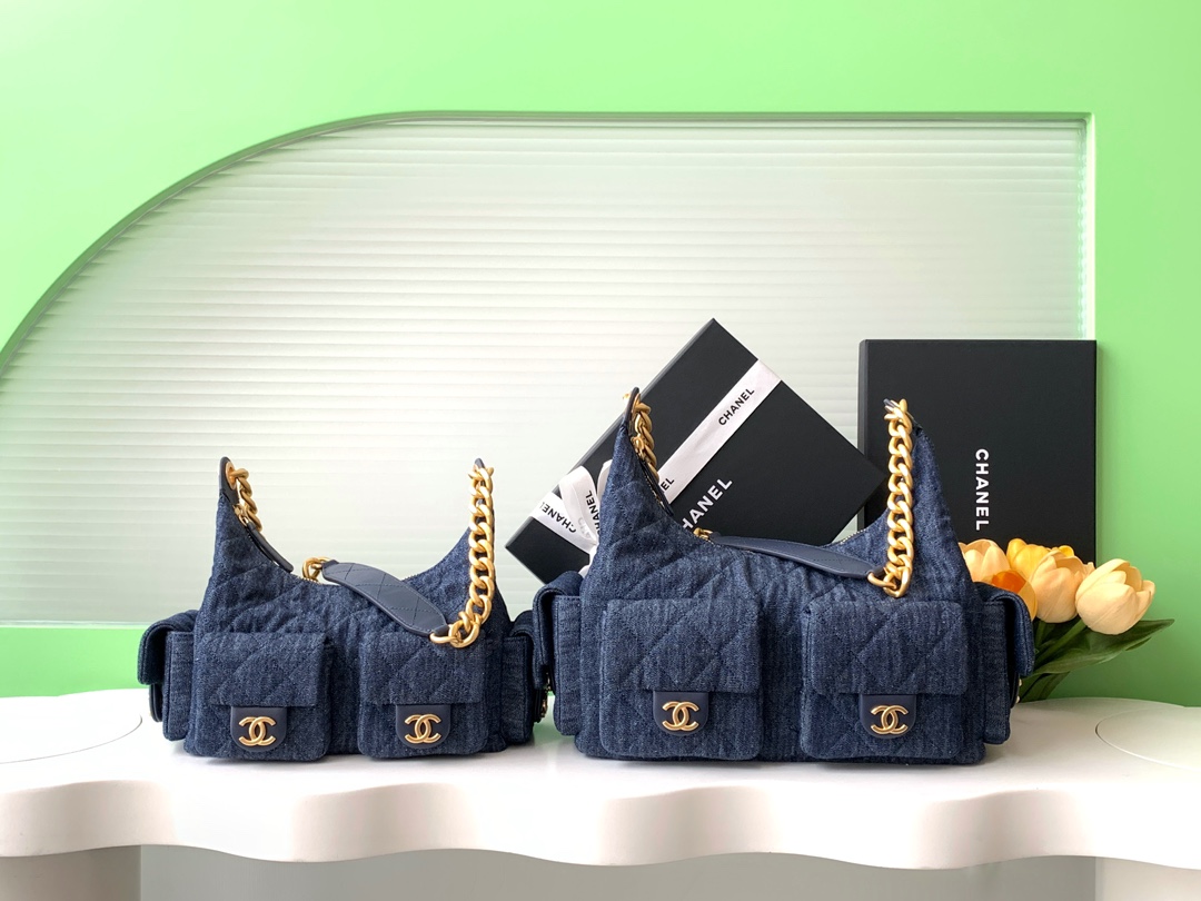 [TOP] CHANEL Hobo Bag Lambskin/Denim 22x31x15cm/27x35x18cm - Denim Blue