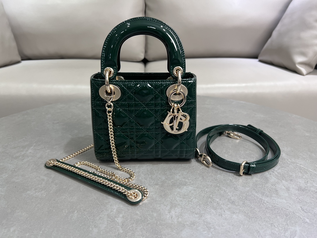[TOP] Christian Dior Lady Patent Leather Bag 17*7*15cm - Dark Green&GHW