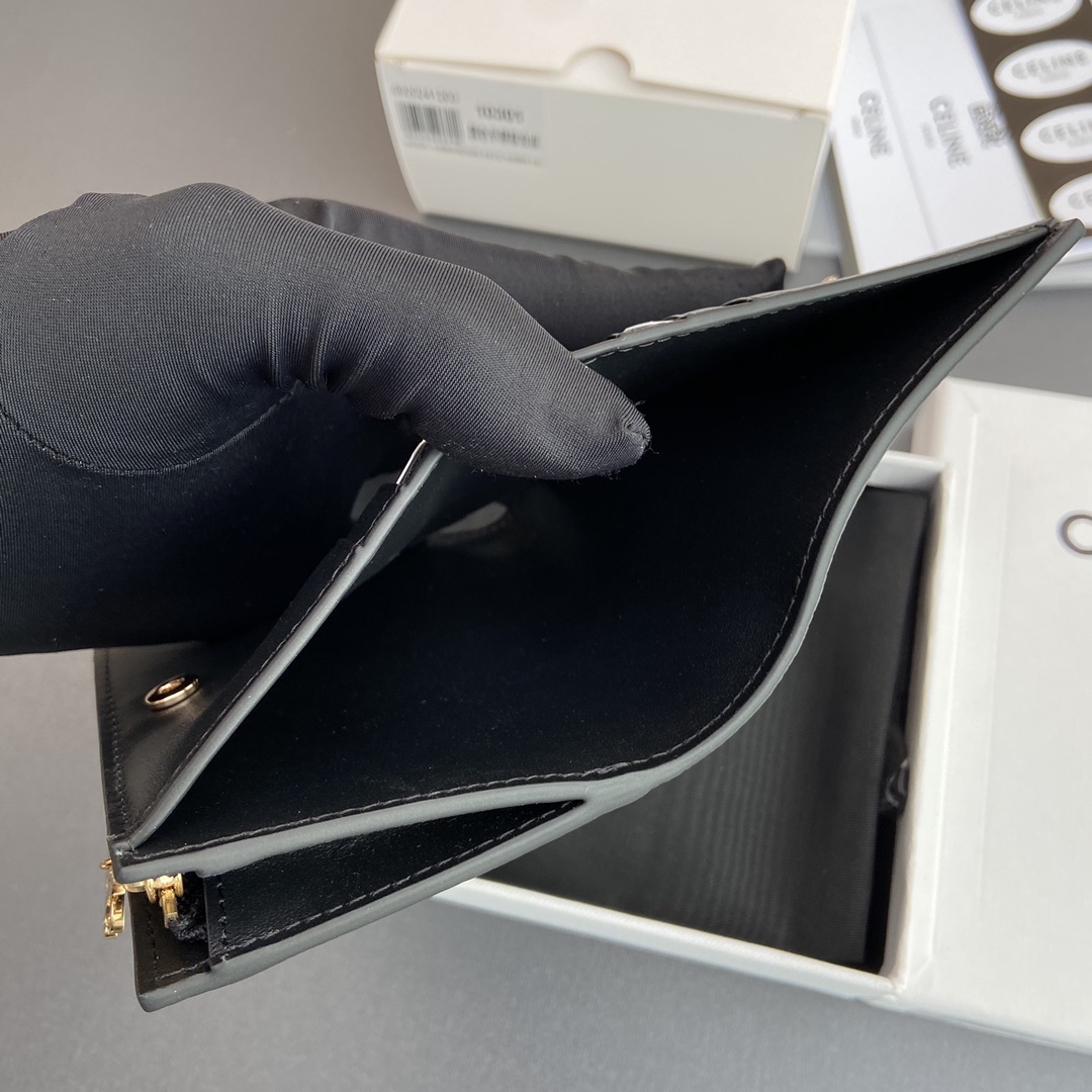 [TOP] CELINE Triomphe Folding Zipper Wallet Grained Calf Leather 9×10.5×2cm - Black