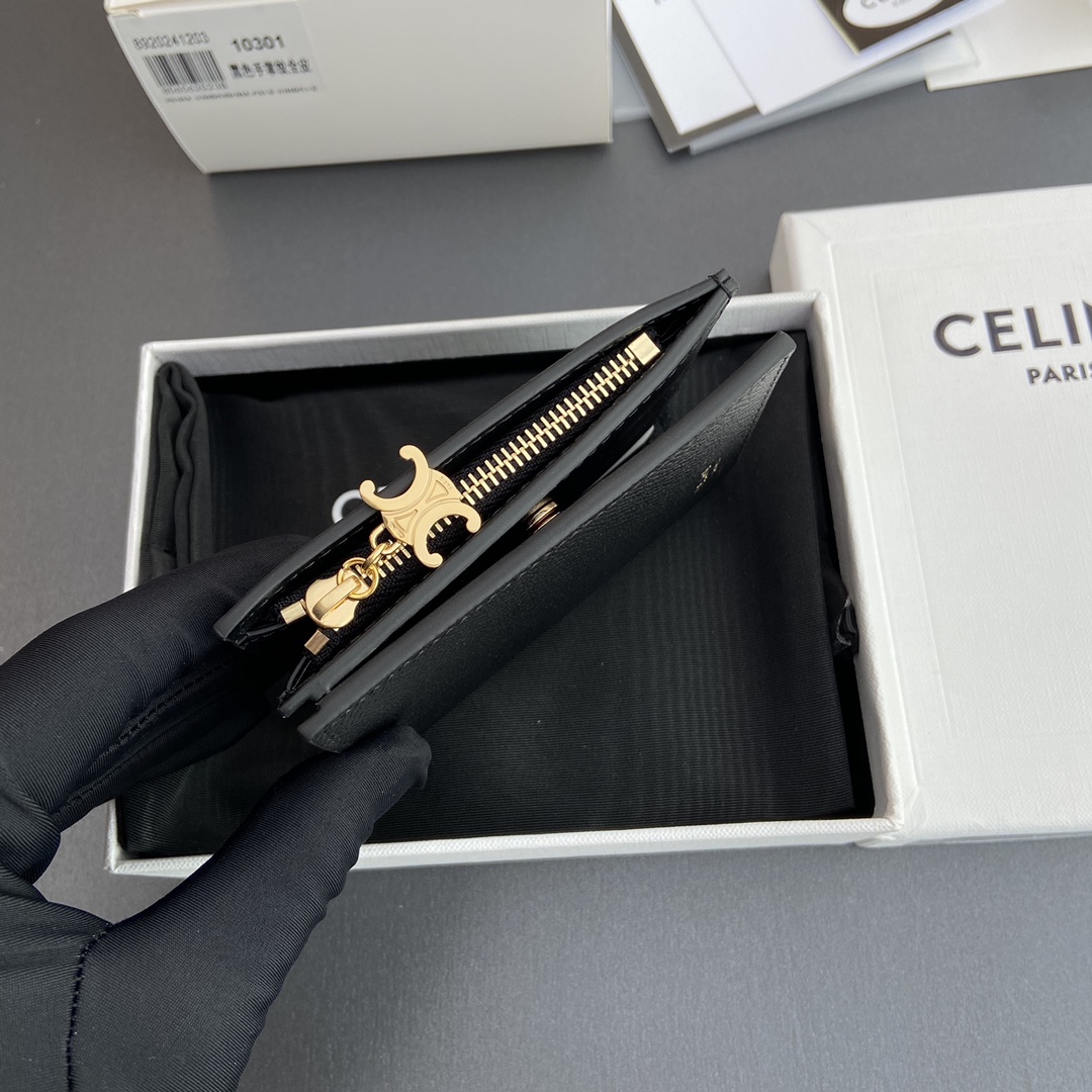 [TOP] CELINE Triomphe Folding Zipper Wallet Grained Calf Leather 9×10.5×2cm - Black