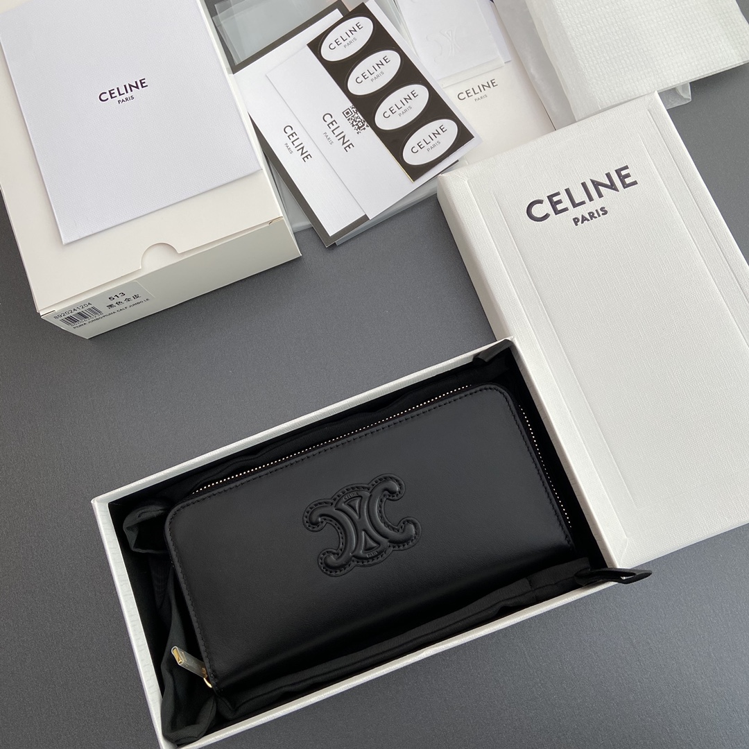 [TOP] CELINE Triomphe Long Zipper Wallet Smooth Cowhide 19.5x7.5x3cm - Black