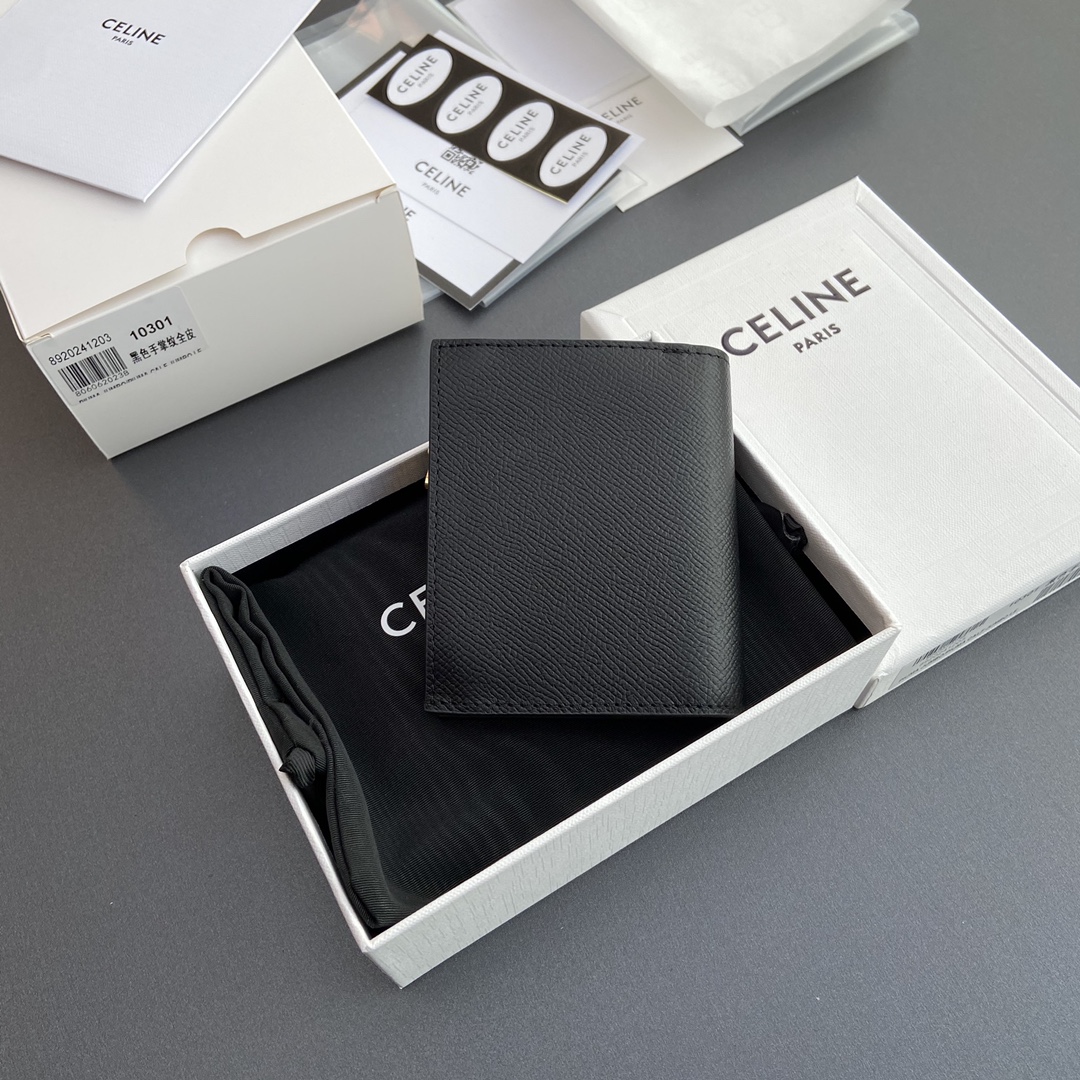 [TOP] CELINE Triomphe Folding Zipper Wallet Grained Calf Leather 9×10.5×2cm - Black