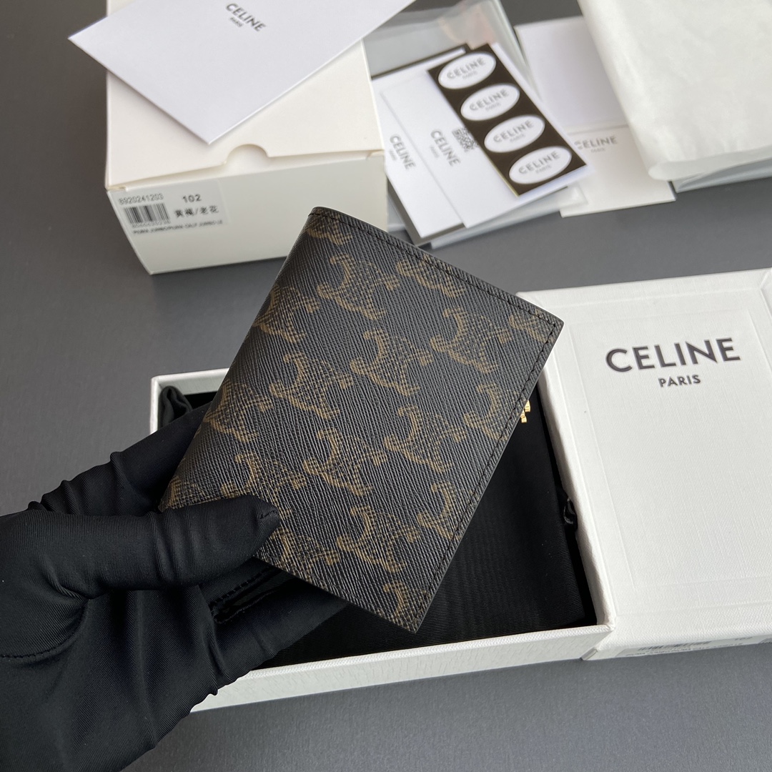[TOP] CELINE Triomphe Folding Zipper Wallet Iconic Logo 9×10.5×2cm - Tan/Monogram