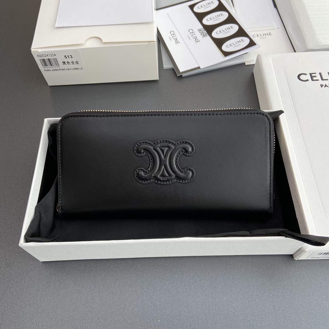 [TOP] CELINE Triomphe Long Zipper Wallet Smooth Cowhide 19.5x7.5x3cm - Black