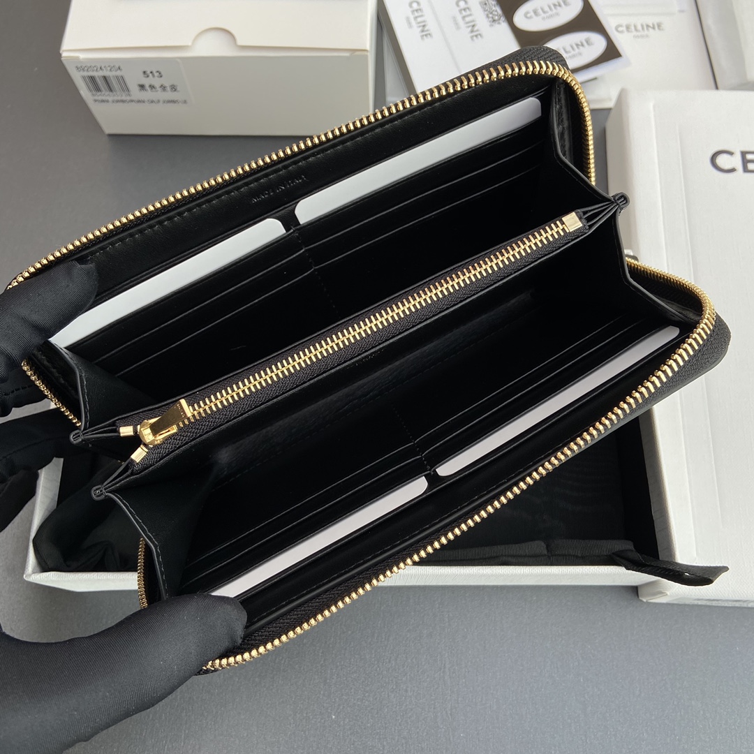 [TOP] CELINE Triomphe Long Zipper Wallet Smooth Cowhide 19.5x7.5x3cm - Black