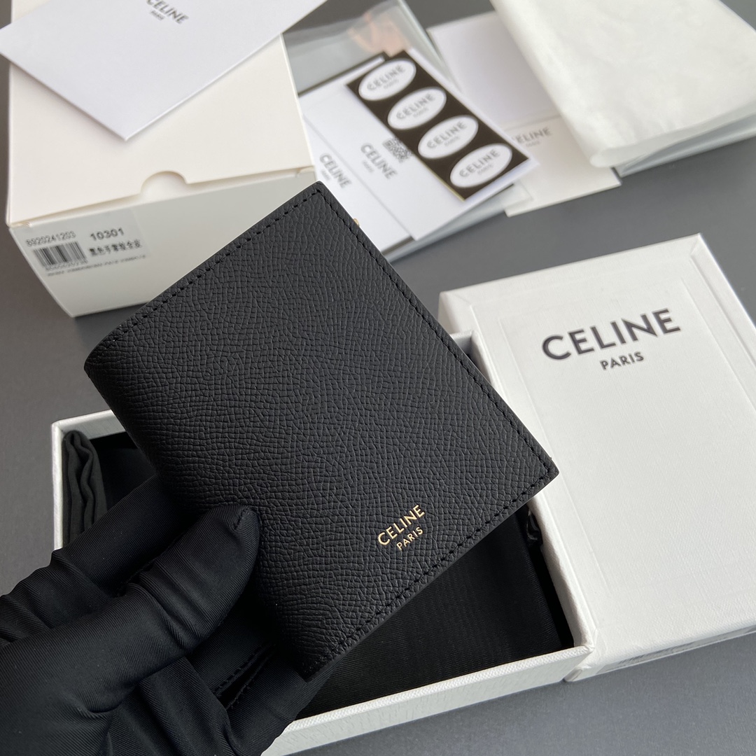 [TOP] CELINE Triomphe Folding Zipper Wallet Grained Calf Leather 9×10.5×2cm - Black
