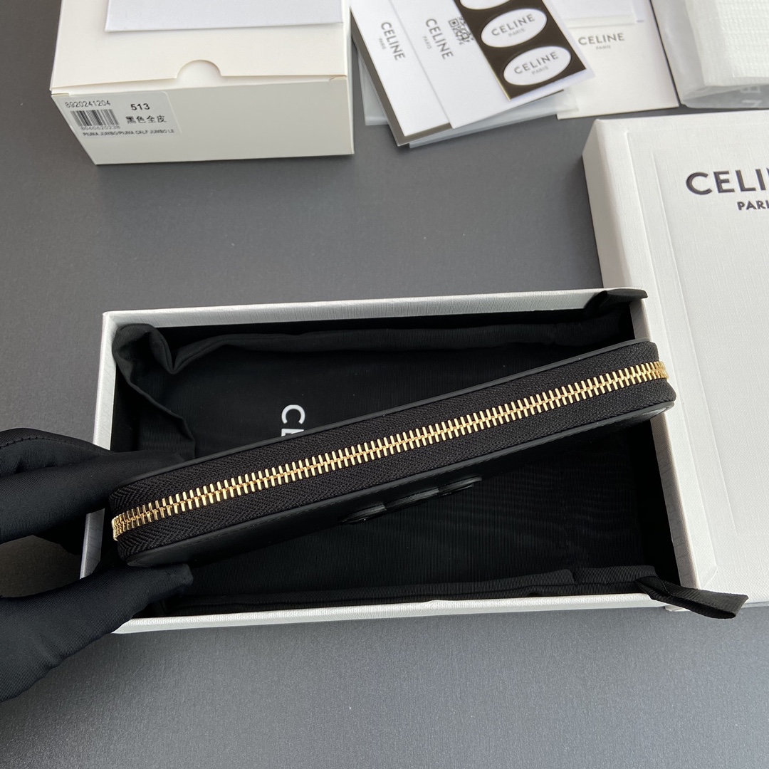 [TOP] CELINE Triomphe Long Zipper Wallet Smooth Cowhide 19.5x7.5x3cm - Black