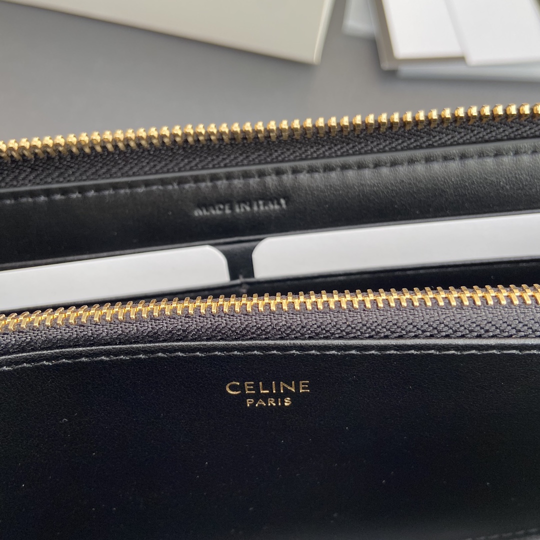 [TOP] CELINE Triomphe Long Zipper Wallet Smooth Cowhide 19.5x7.5x3cm - Black