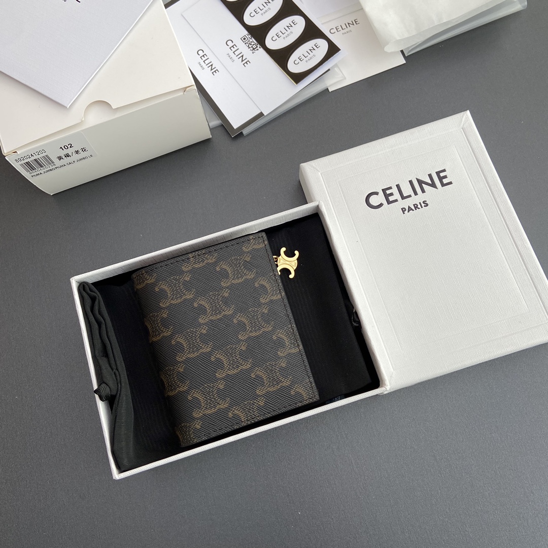 [TOP] CELINE Triomphe Folding Zipper Wallet Iconic Logo 9×10.5×2cm - Tan/Monogram