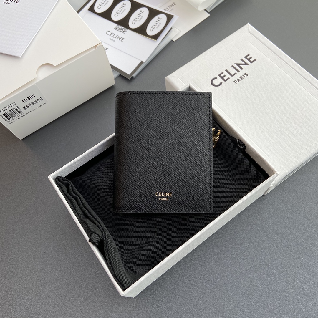 [TOP] CELINE Triomphe Folding Zipper Wallet Grained Calf Leather 9×10.5×2cm - Black