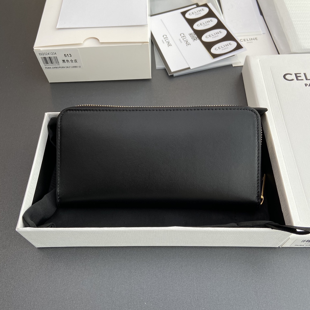 [TOP] CELINE Triomphe Long Zipper Wallet Smooth Cowhide 19.5x7.5x3cm - Black
