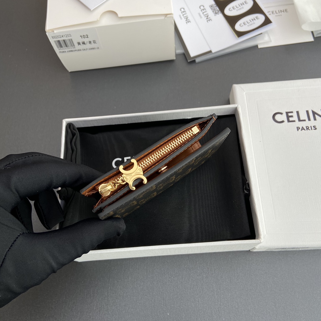 [TOP] CELINE Triomphe Folding Zipper Wallet Iconic Logo 9×10.5×2cm - Tan/Monogram