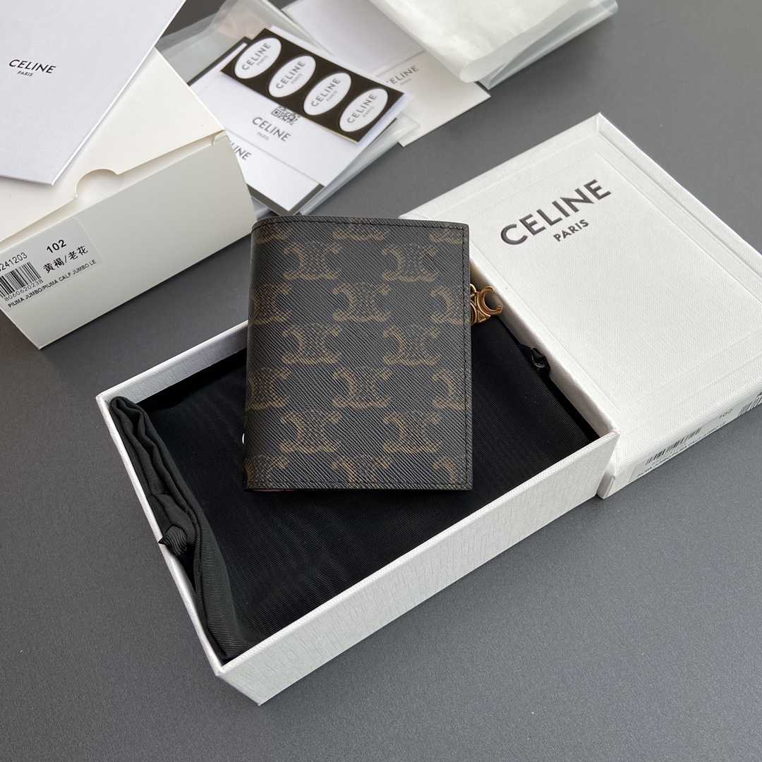 [TOP] CELINE Triomphe Folding Zipper Wallet Iconic Logo 9×10.5×2cm - Tan/Monogram