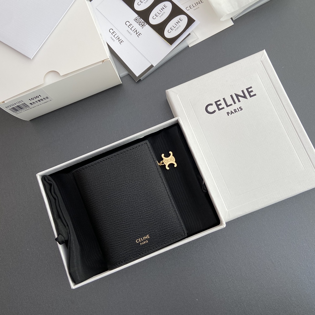 [TOP] CELINE Triomphe Folding Zipper Wallet Grained Calf Leather 9×10.5×2cm - Black