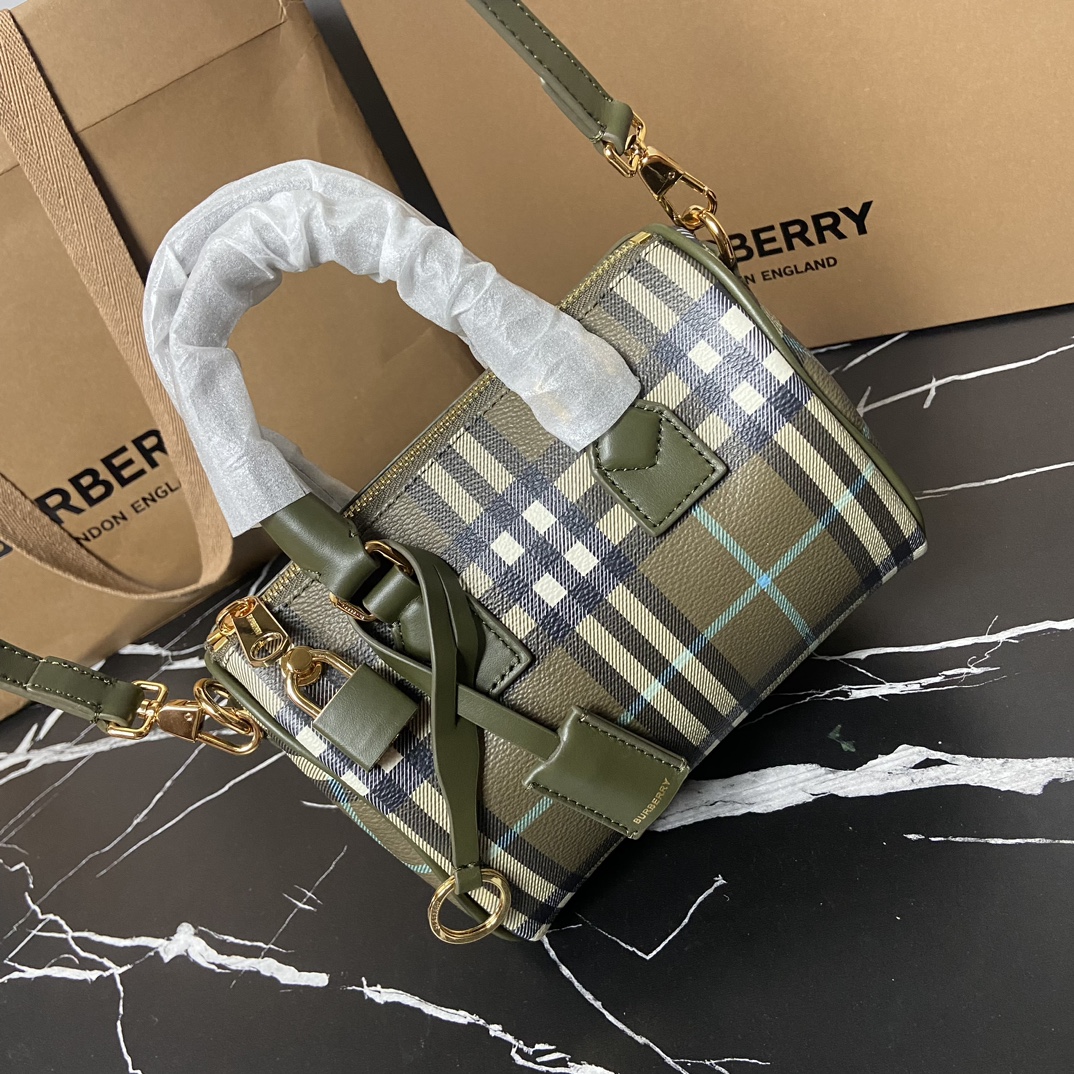[TOP] BURBERRY Bowling Coated-Canvas Top-Handle Bag 8.5×11×12cm-Green