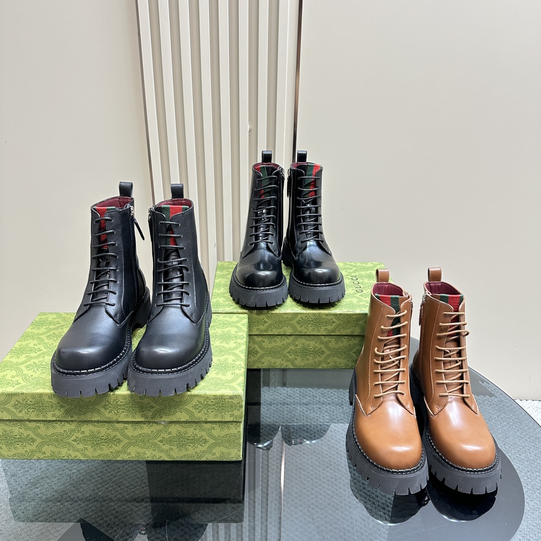 [TOP] GUCCI Side Zip Lace-Up Ankle Boots - 3 Colour