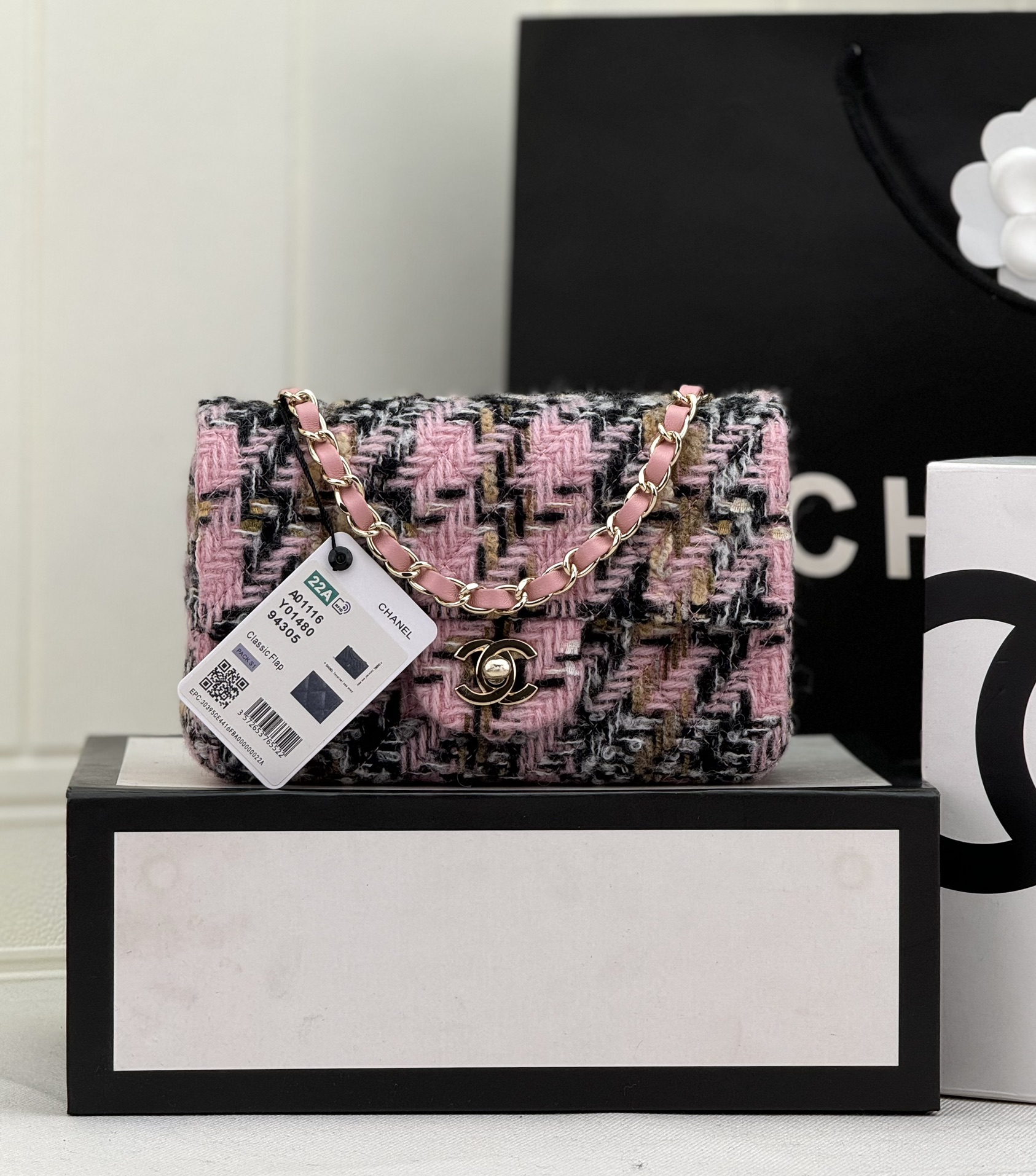 [TOP] CHANEL Wool Tweed Flap Bag 20cm/25cm - Pink and Black