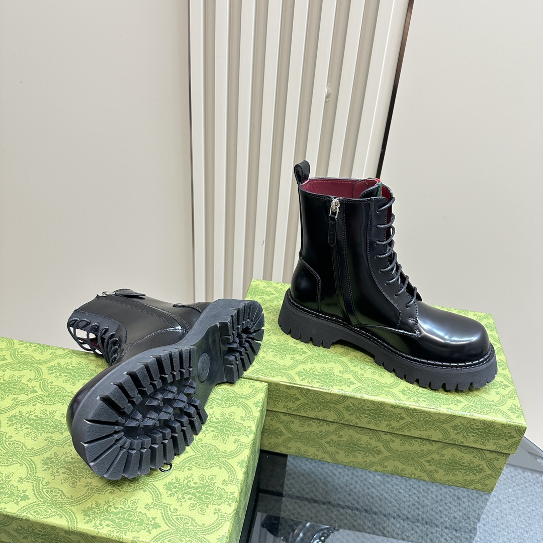 [TOP] GUCCI Side Zip Lace-Up Ankle Boots - 3 Colour