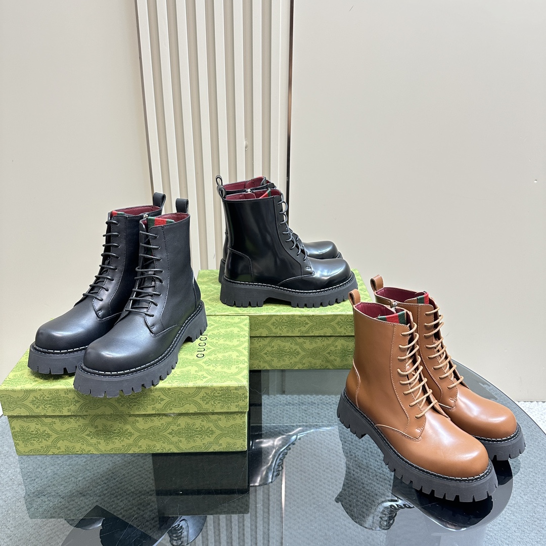 [TOP] GUCCI Side Zip Lace-Up Ankle Boots - 3 Colour