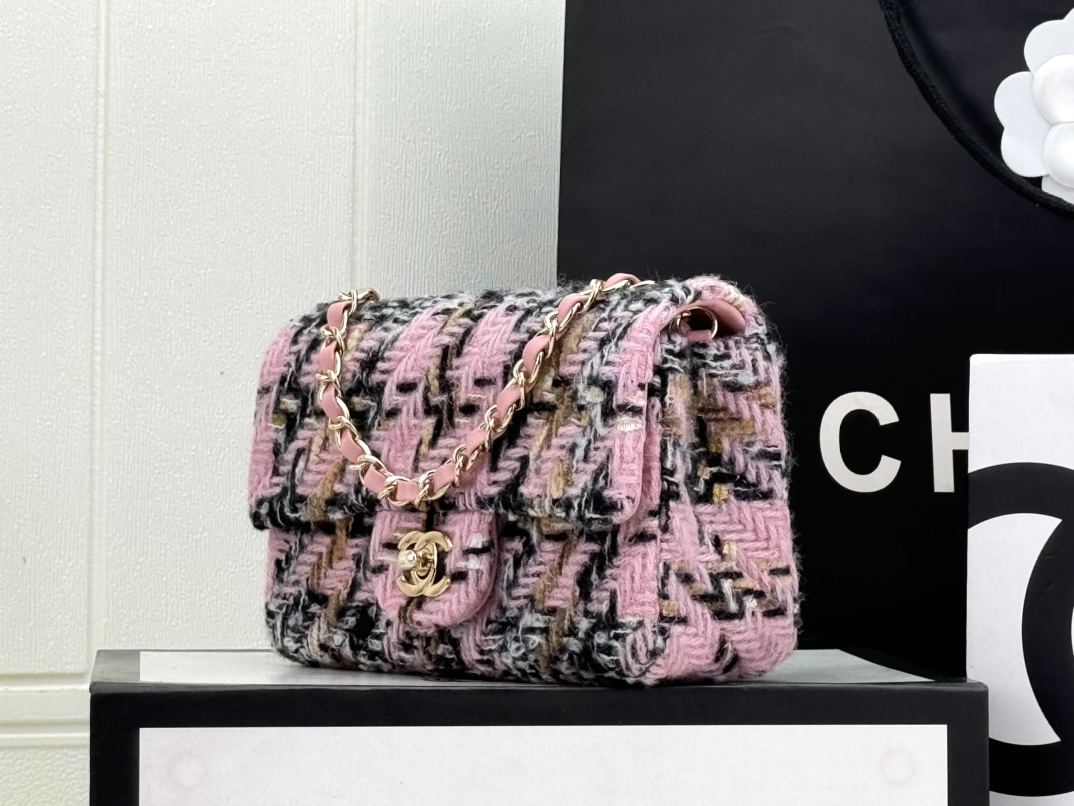 [TOP] CHANEL Wool Tweed Flap Bag 20cm/25cm - Pink and Black