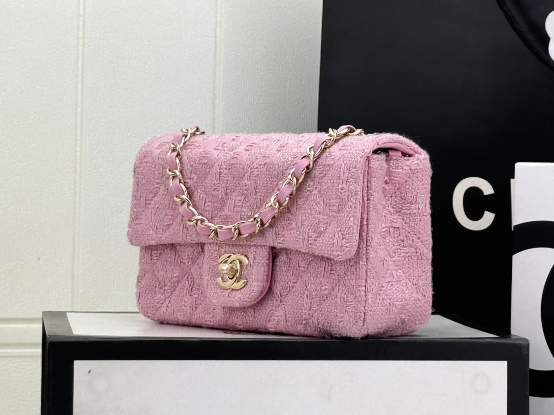 [TOP] CHANEL Wool Tweed Flap Bag 20cm/25cm - Pink