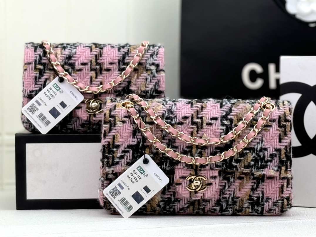 [TOP] CHANEL Wool Tweed Flap Bag 20cm/25cm - Pink and Black
