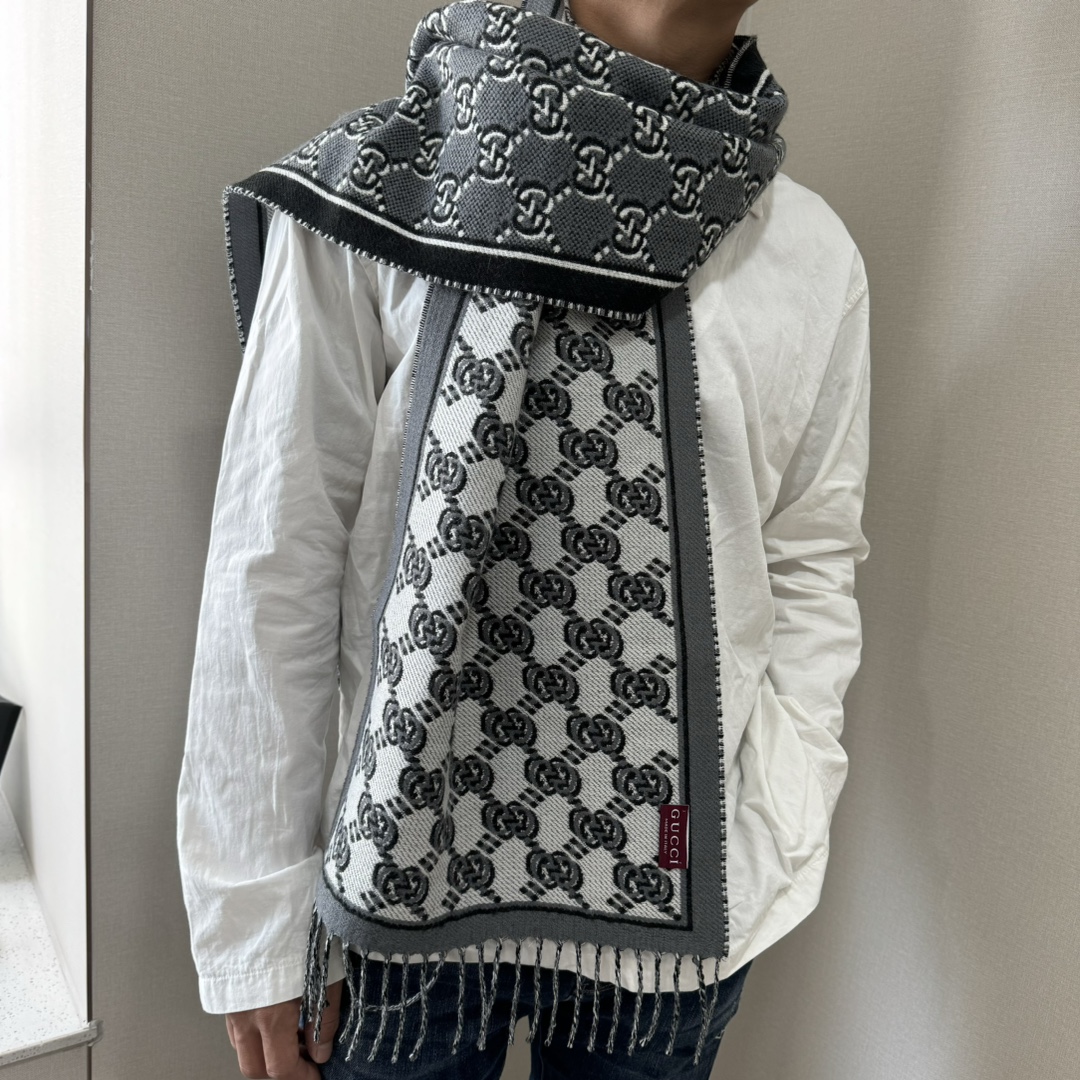 [TOP] GUCCI Men's Wool Scarf 180✖️35cm -Grey