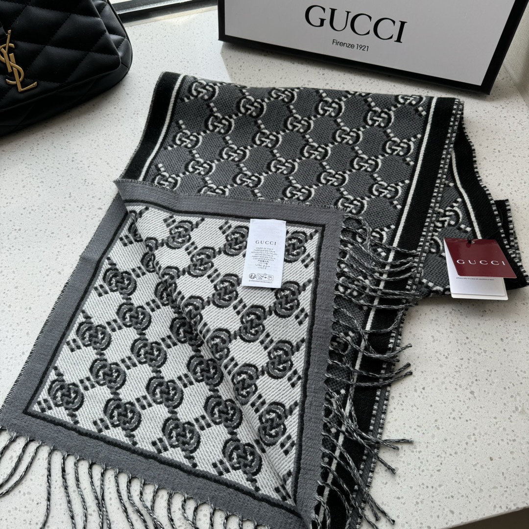 [TOP] GUCCI Men's Wool Scarf 180✖️35cm -Grey