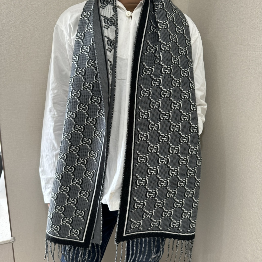 [TOP] GUCCI Men's Wool Scarf 180✖️35cm -Grey