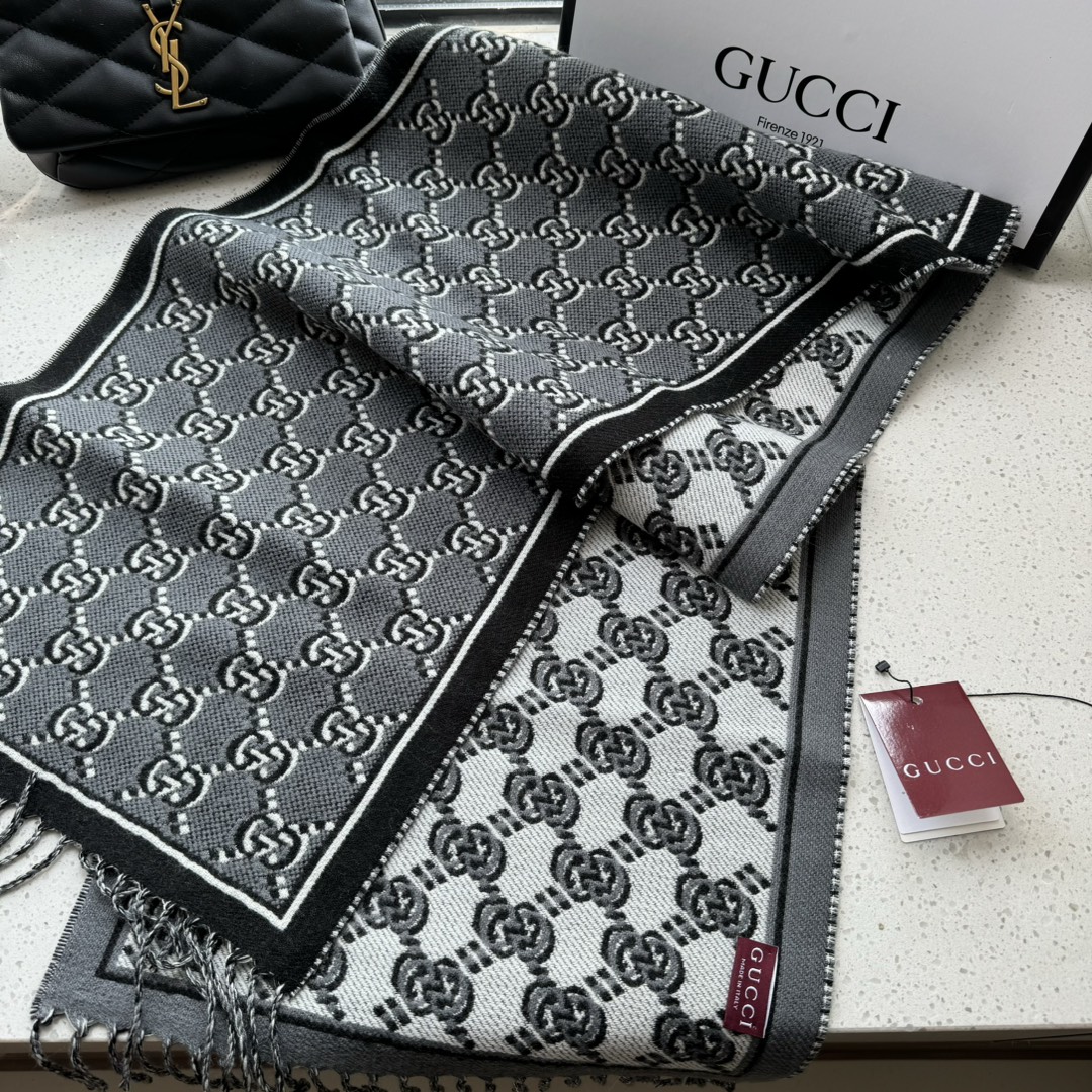 [TOP] GUCCI Men's Wool Scarf 180✖️35cm -Grey