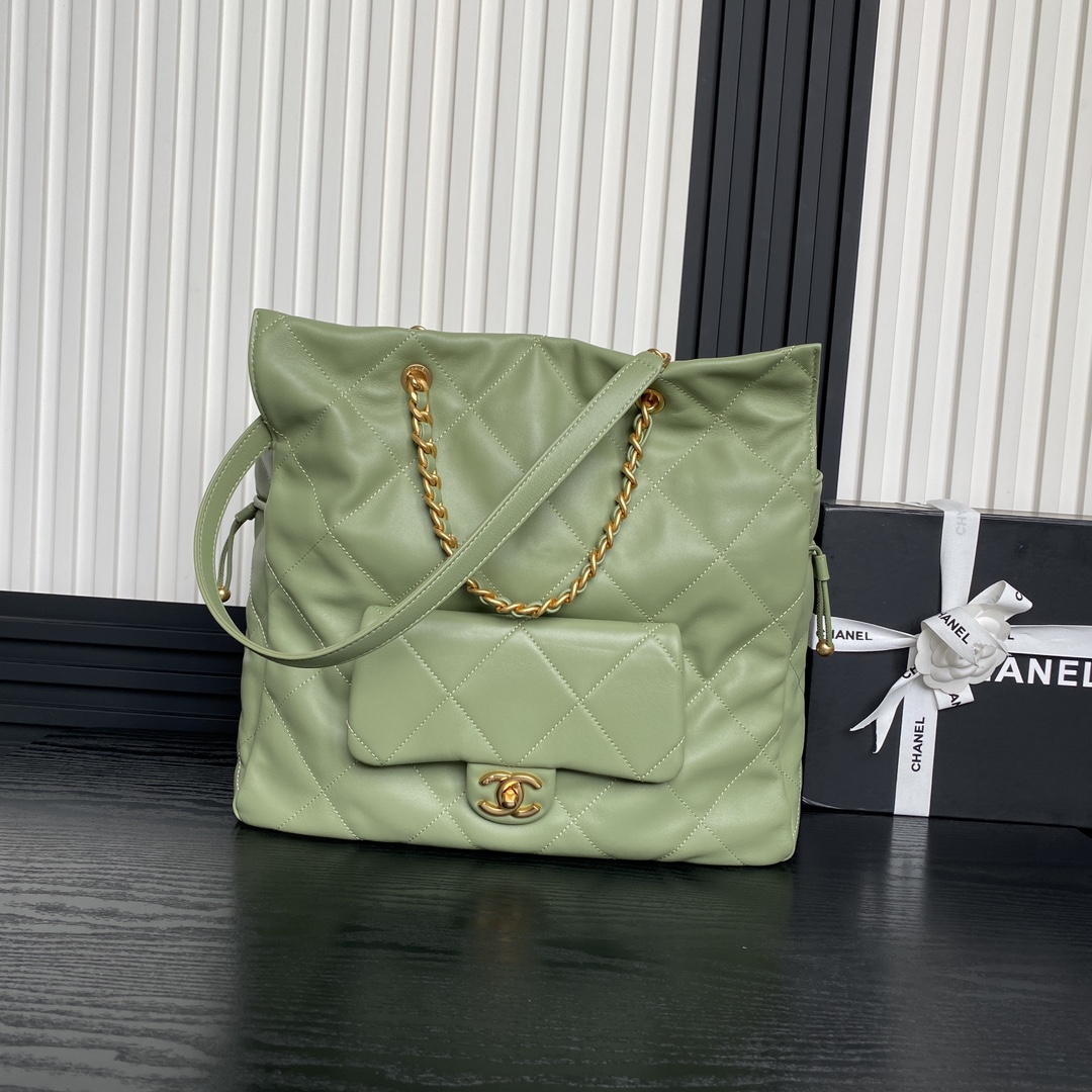 [TOP] CHANEL Tote Bag Lambskin 34X36X12m - Green & GHW