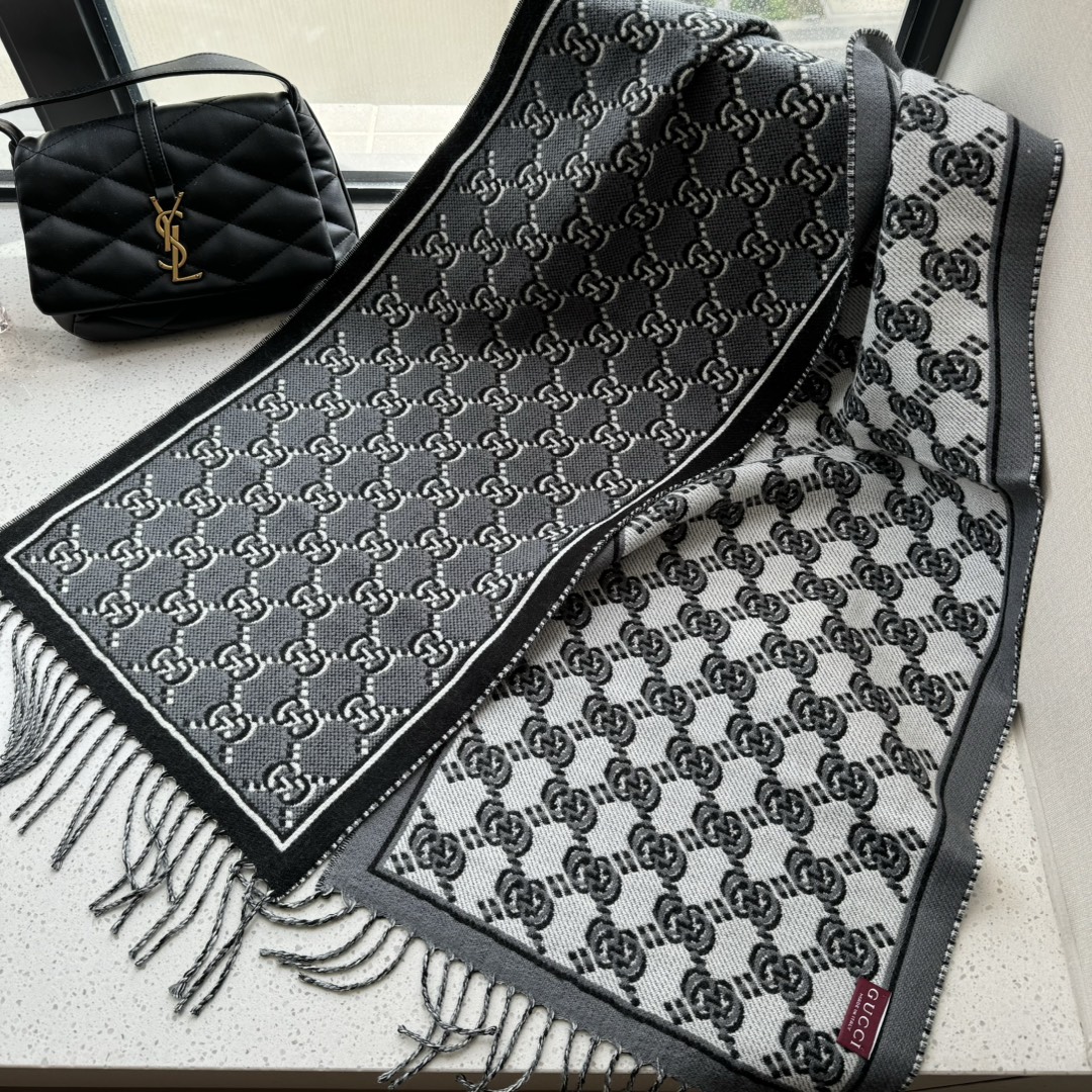 [TOP] GUCCI Men's Wool Scarf 180✖️35cm -Grey
