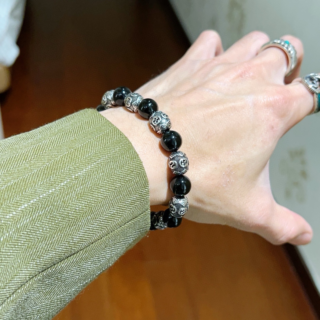 [TOP] GUCCI Black Agate Beaded Bracelet - Black&Silver
