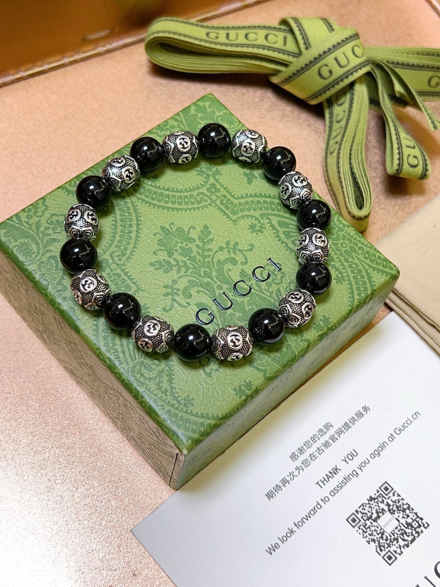 [TOP] GUCCI Black Agate Beaded Bracelet - Black&Silver
