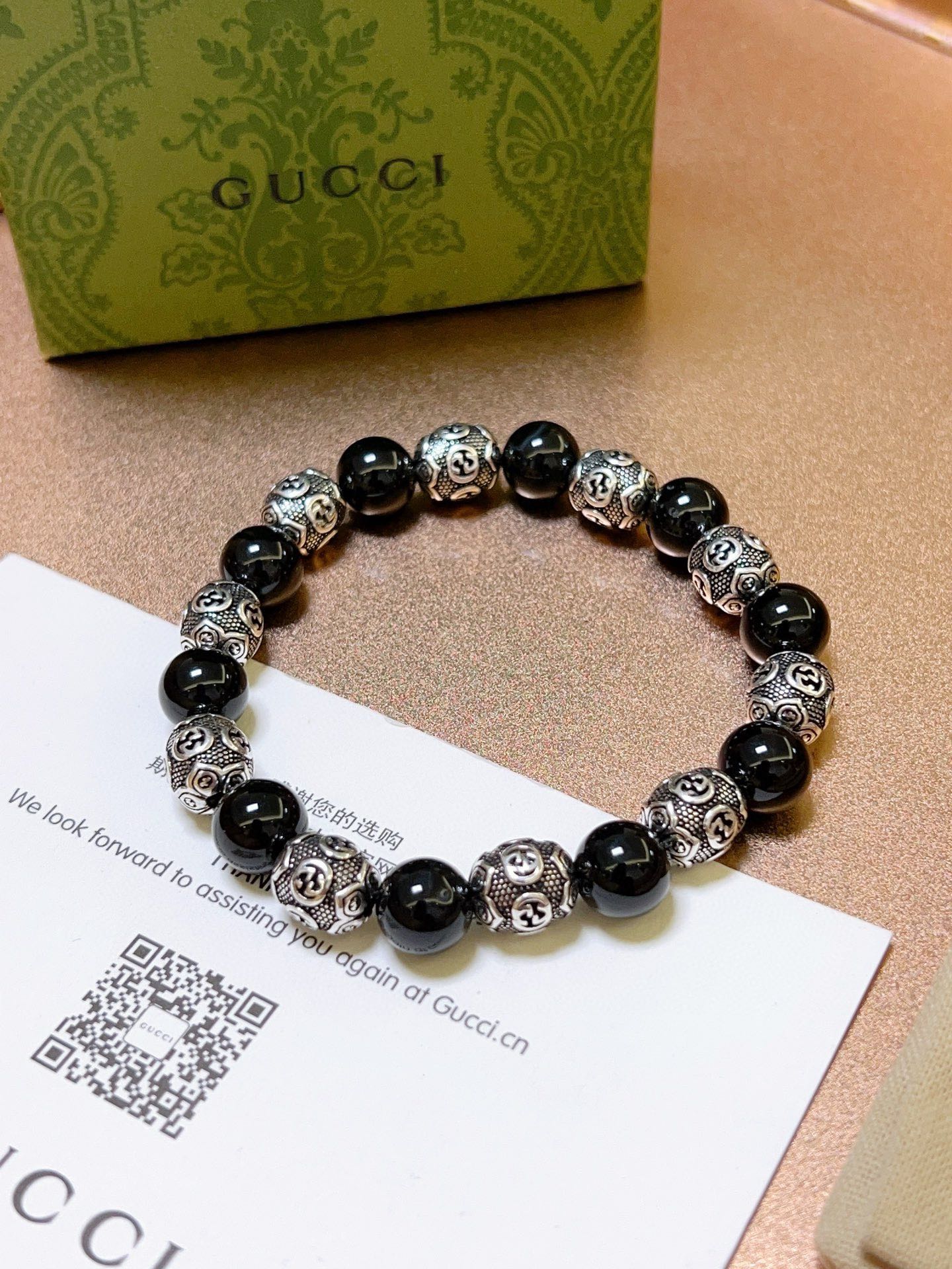 [TOP] GUCCI Black Agate Beaded Bracelet - Black&Silver